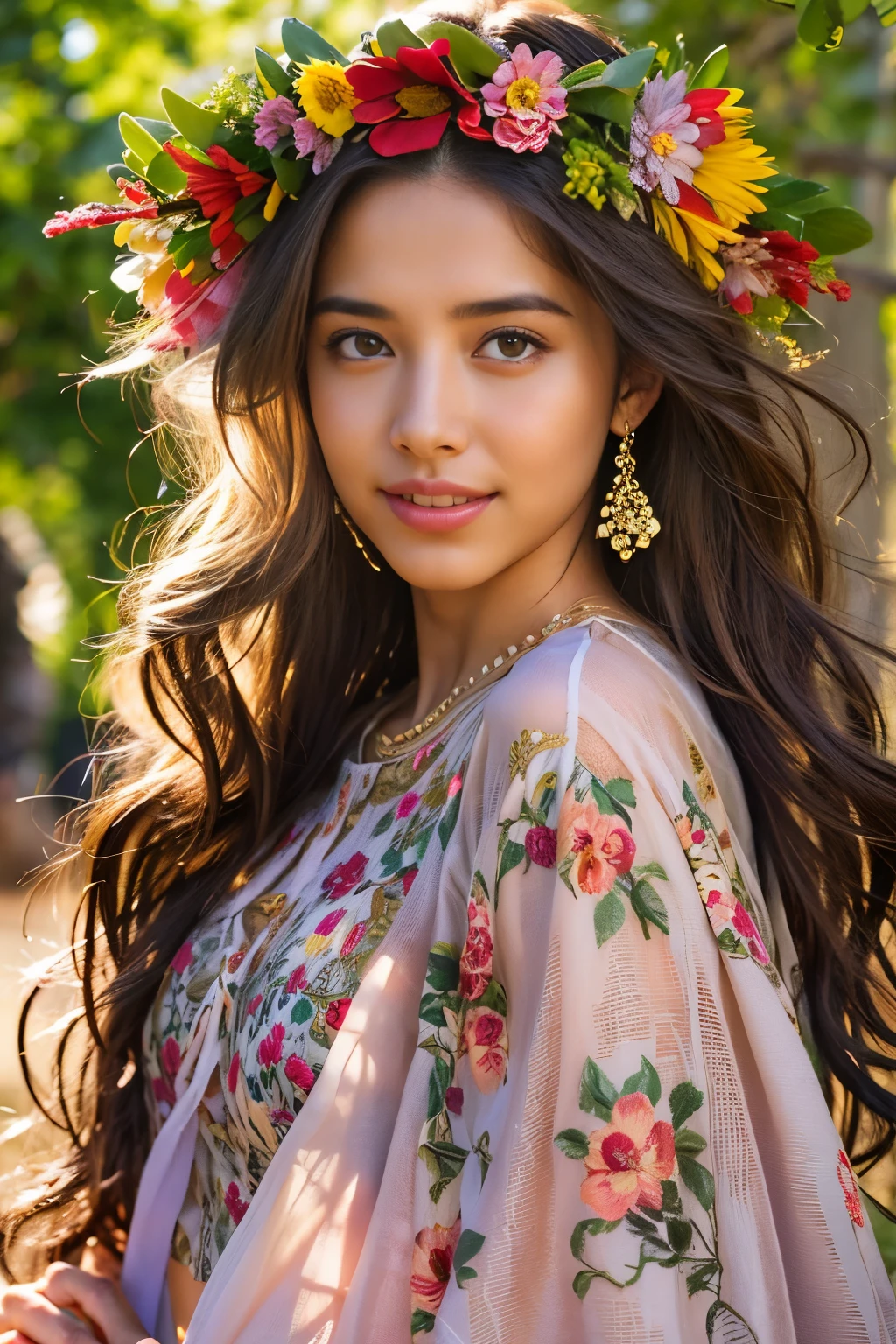 (best quality,realistic:1.2),beautiful Spanish girl,detailed eyes,luscious lips,flowing brunette hair,warm sunlight,captivating smile,vibrant colors,traditional Spanish dress,flower crown,garden background,floral elements,rich texture,portrait style,soft and natural lighting, (NSFW:1.3)