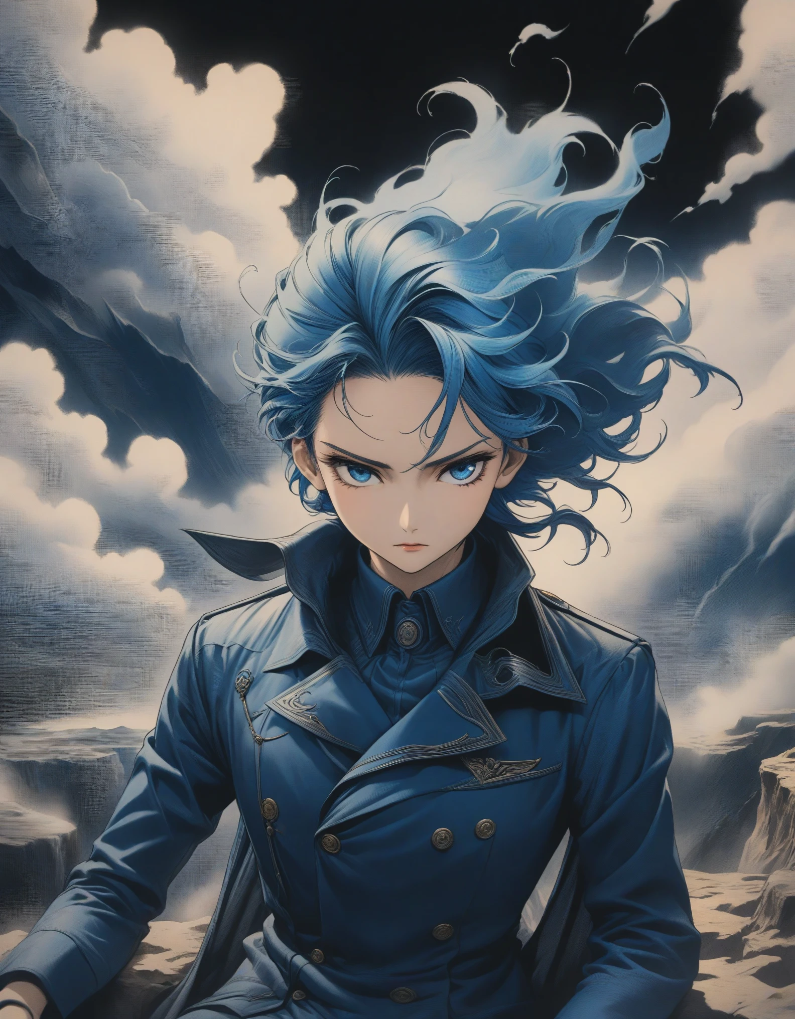 in style of comic cover , portrait，（A close-up of an anime character domineering president with blue hair and blue eyes sitting on a cliff, wearing blue clothing，Flying clothes，Strong wind，Dense fog，blue ark night,  Fine details blue theme，in style of coloring book , 