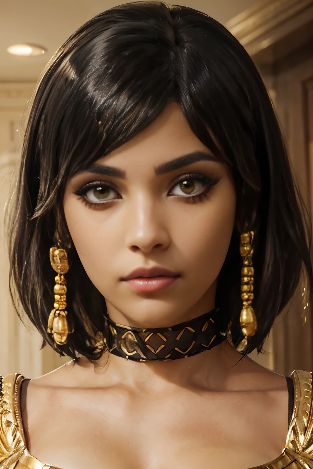 hyper realistic portrait shot of a beautiful egyptian queen, looking down proudly on the camera with her (expressive yellow eyes), tanned skin tone , thin nose, thick kissable parted lips , (black blunt bob hair with braided bangs), golden accessories and jewelries , (thick eyeliner), (eye makeup),