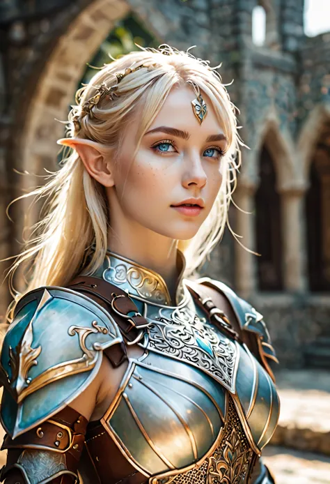 Masterpiece, a beautiful female elf knight (Lily Larimar 1.0), bright eyes, blonde hair, broad shoulders, strong body, high deta...