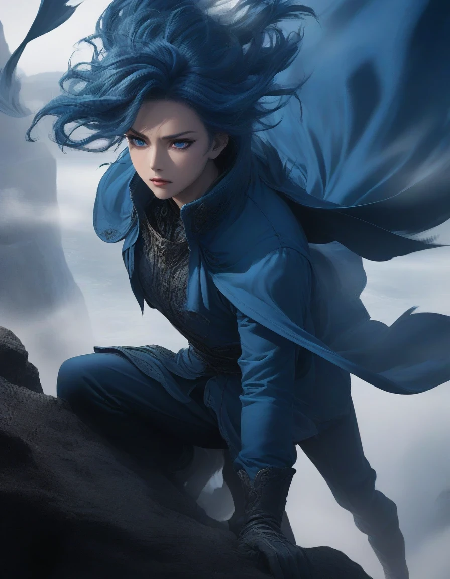 （Close-up of an anime character boss with blue hair and blue eyes on a cliff, wearing blue clothing，Flying clothes，Strong wind，Dense fog，blue ark night,  Fine details blue theme，in style of coloring book , 