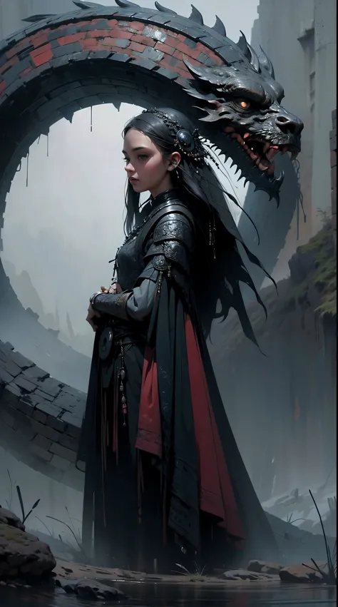 beautiful warrior girl with dragon, best quality, masterpiece, super high resolution, (realism: 1.4) dark colors, gloomy, grim, ...