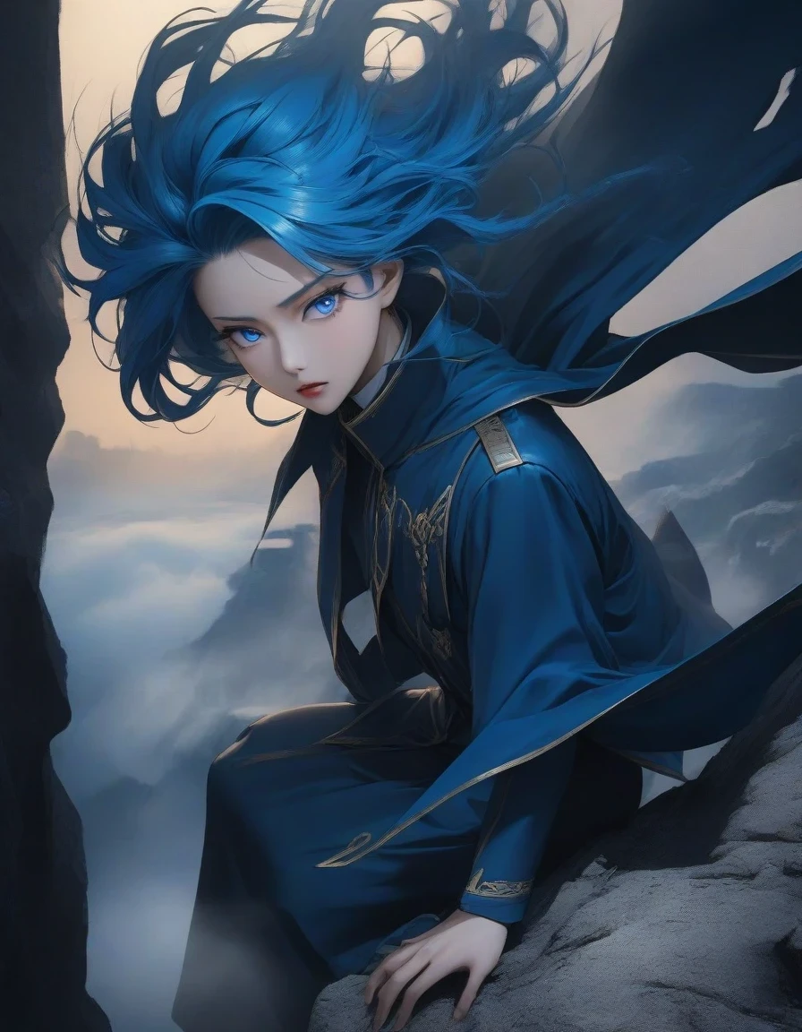 （A close-up of an anime character domineering president with blue hair and blue eyes sitting on a cliff, wearing blue clothing，Flying clothes，Strong wind，Dense fog，blue ark night,  Fine details blue theme，in style of coloring book , 