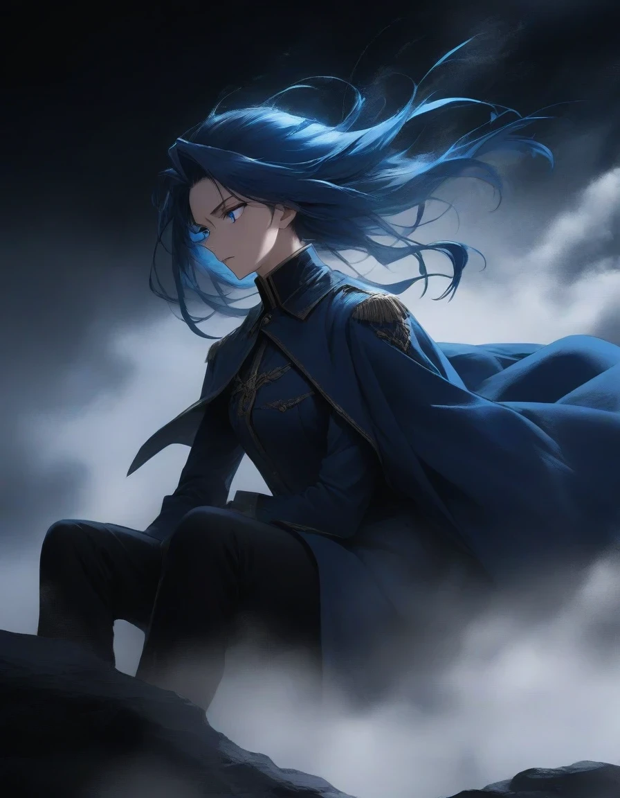 （A close-up of an anime character domineering president with blue hair and blue eyes sitting on a cliff, wearing blue clothing，Flying clothes，Strong wind，Dense fog，blue ark night,  Fine details blue theme，