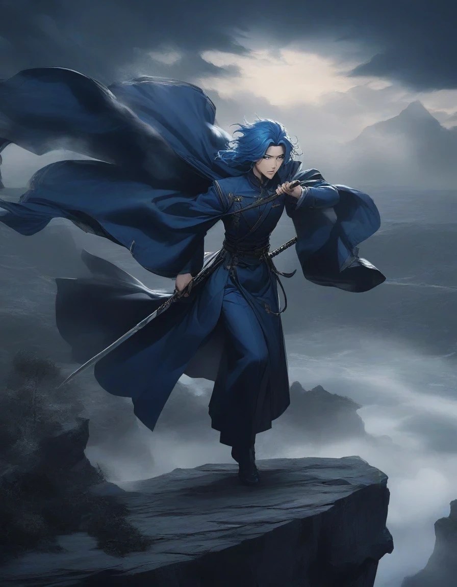 （An anime character with blue hair and blue eyes sits on a cliff） ,Handsome guy in the art of slaying demons, wearing blue clothing，Flying clothes，Strong wind，Dense fog，blue ark night,  fine details., Azure Lane style, blue theme，