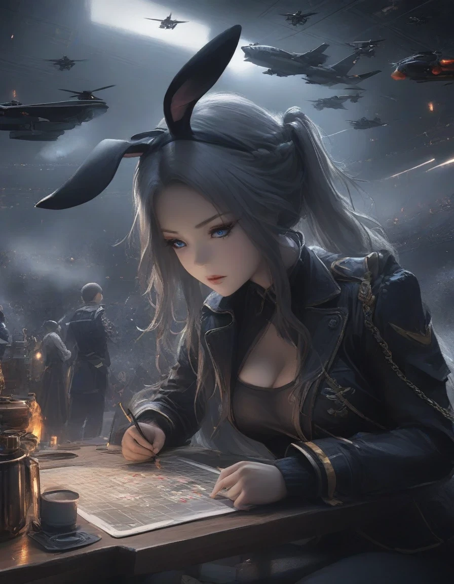 Close-up of Shangri-La, a girl alone, making a battle plan,  bunny ears，video game《Azur route》role in, ,，Ark Night,  fine details., Azure Lane style, aircraft carrier girl，The strongest hero，Military temperament，background aircraft carrier，flue gas，lightning，blue theme，