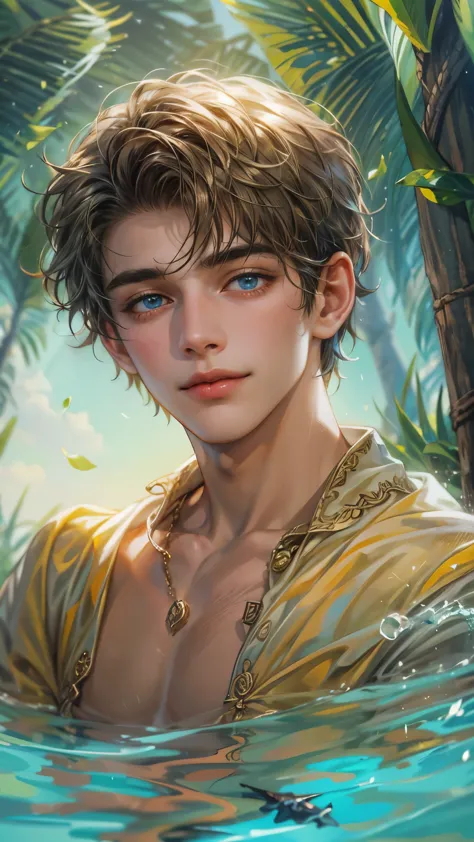 Portrait of the highest quality - 1 boy., 17 years, teenage, character from game of thrones, short hair, with golden strands, az...