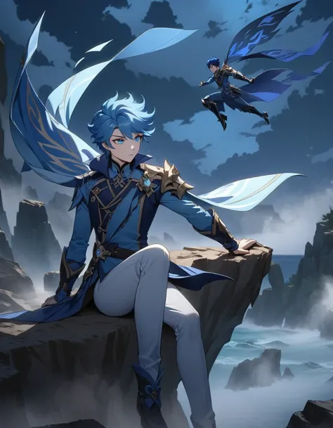 （Anime character boss with blue hair and blue eyes sitting on the cliff） ,Handsome guy in the art of slaying demons, wearing blu...