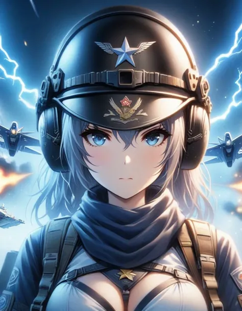 close-up of shangri-la, a girl alone, making a battle plan,  wearing a helmet，video game《azur route》role in, ,wearing a red five...