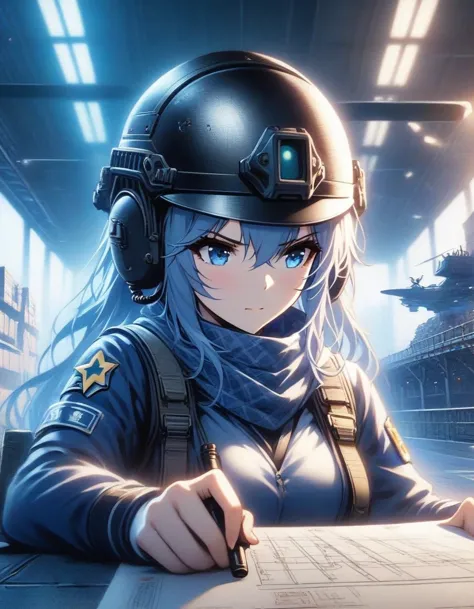Close-up of Shangri-La, a girl alone, making a battle plan,  wearing a helmet，video game《Azur route》role in, ,Wearing a red five...