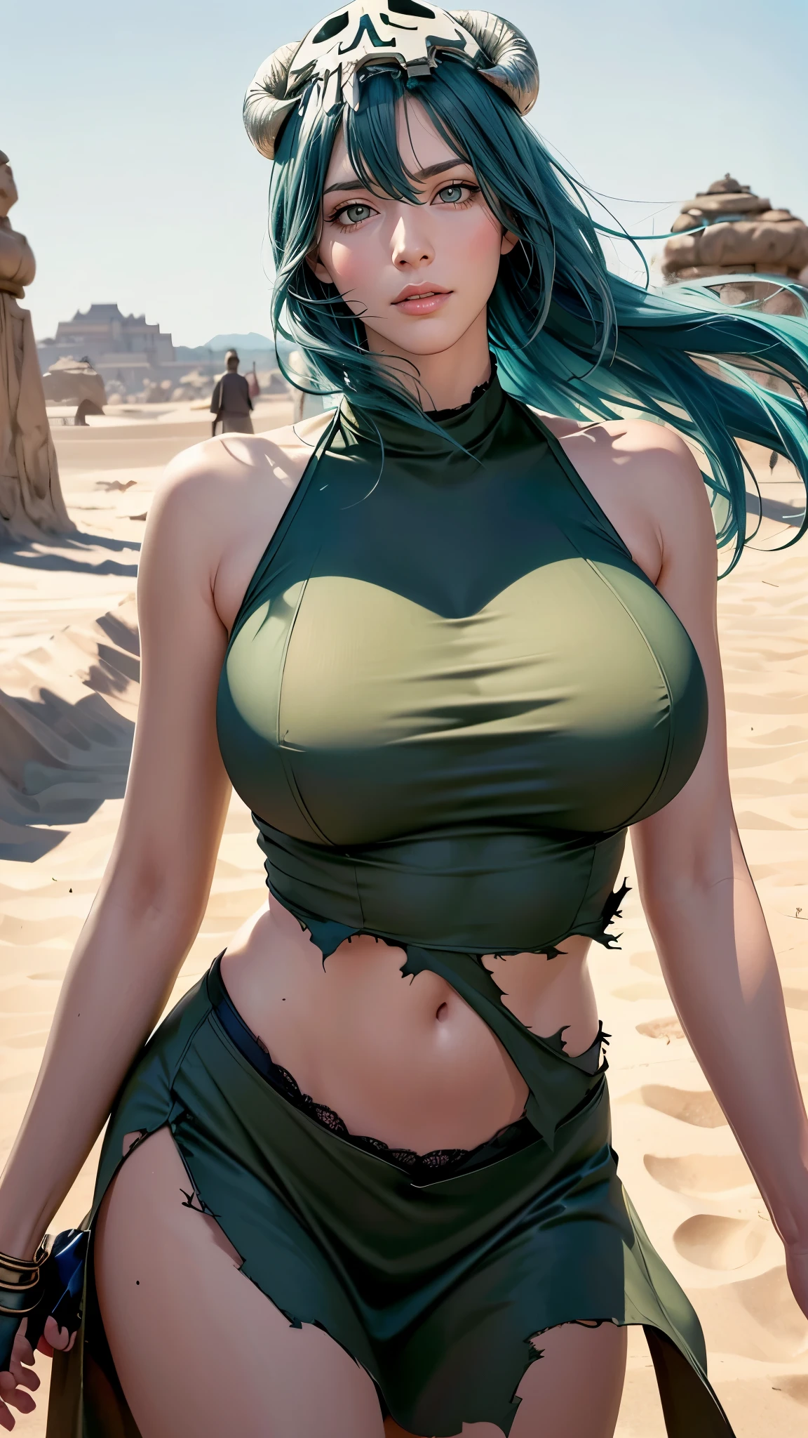 （（（Perfect figure，figure，odelschwanck，green clothes，torn clothes，（（（In the, long hair, facial mark, hair between eyes,  skull,skirt，yellow eyes，underboob,）））型figure:1.7））），((masterpiece)),high resolution, ((Best quality at best))，masterpiece，quality，Best quality，（（（ Exquisite facial features，looking at the audience,There is light in the eyes，Happy，nterlacing of light and shadow，huge boobs））），（（（looking into camera，desert background，Beforeafter）））
