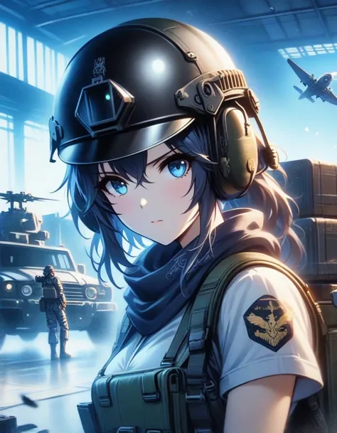 close-up of shangri-la, a girl alone, making a battle plan,  wearing a helmet，video game《azur route》role in, ,ark night,  fine d...