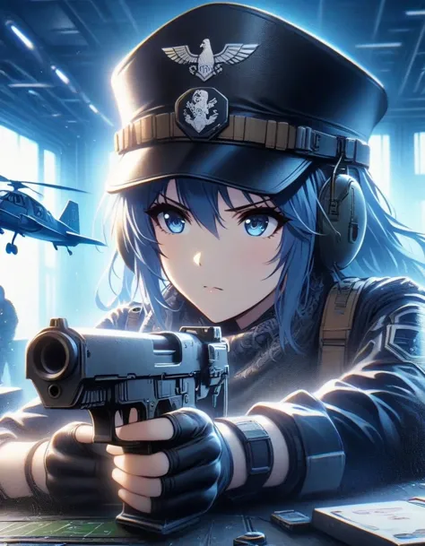 Close-up of Shangri-La, a girl alone, making a battle plan,  Wearing a military cap，video game《Azur route》role in, ,Ark Night,  ...