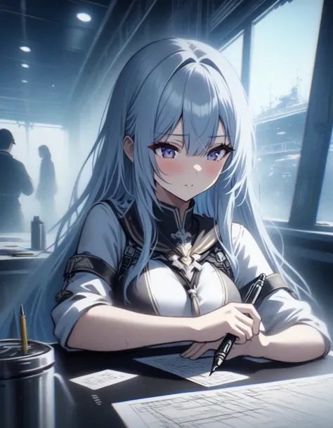 Close-up of an aircraft carrier girl warrior Shangri-La sitting at the table making plans with a pen,  video game《Azur route》rol...