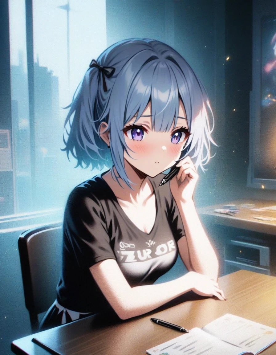 特写镜头：一位少女坐在桌上，手握一支笔,  电子游戏《蔚蓝航线》作用, ,方舟之夜,  精致细节., 蔚蓝巷风格, 
