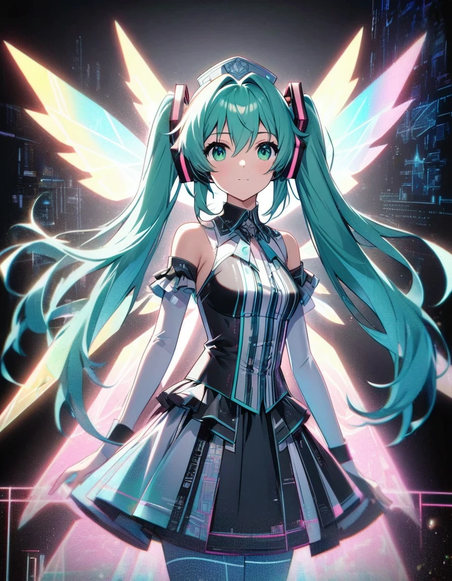 in style of blueprint art , in style of Light tracing ,Hatsune Miku has a pair of transparent wings，Royal sister clothing，Wear iconic outfits and hairstyles，Green extra long double ponytails，Ethereal Holographic Center, neon wings, Founding Angel, Transparent holographic existence, projection mapping，black background，in style of data visualization design , beautiful details