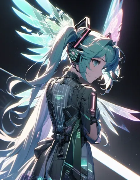 in style of Light tracing ,in style of data visualization design ，（Hatsune Miku is singing with wings），Side back，Wear iconic out...
