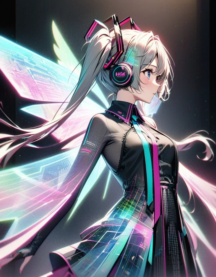 in style of Light tracing ,Hatsune Miku&#39;s back wearing wings，Wear iconic outfits and hairstyles，Green extra long double ponytails，Ethereal Holographic Center, neon wings, Founding Angel, Transparent holographic existence, projection mapping，black background，in style of data visualization design , beautiful details