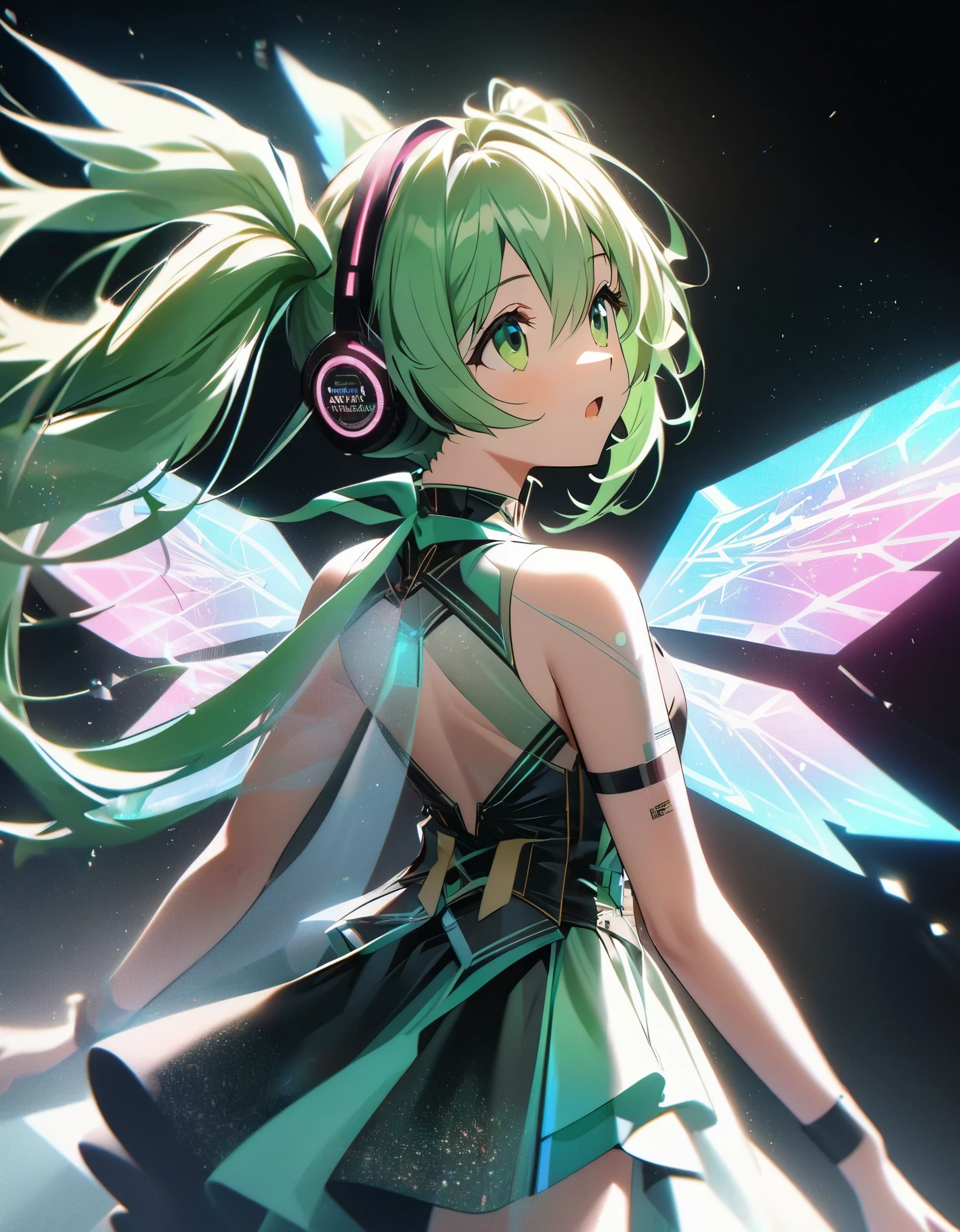 in style of Light tracing ,in style of data visualization design ，（Hatsune Miku is singing with wings），Side back，Wear iconic outfits and hairstyles，Green extra long double ponytails，Ethereal Holographic Center, neon wings, Founding Angel, Transparent holographic existence, projection mapping，black background，, beautiful details，Looking up angle