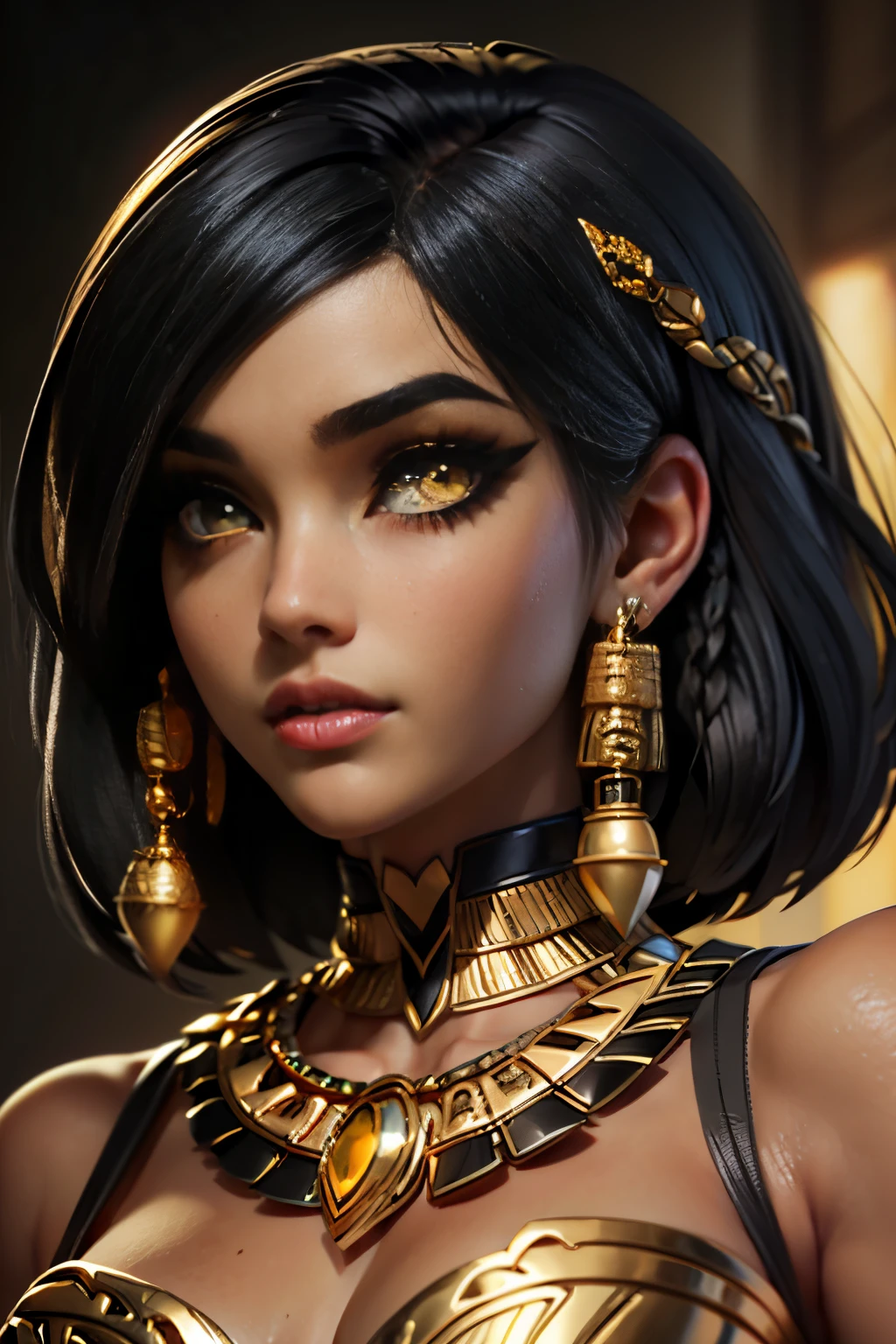 hyper realistic portrait shot of a beautiful egyptian queen, looking down proudly on the camera with her (expressive yellow eyes), tanned skin tone , thin nose, thick kissable parted lips , (black blunt bob hair with braided bangs), golden accessories and jewelries , (thick eyeliner), (eye makeup),