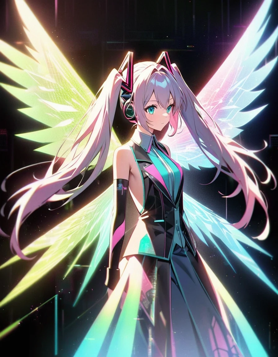 in style of Light tracing ,Hatsune Miku&#39;s back wearing wings，Wear iconic outfits and hairstyles，Green extra long double ponytails，Ethereal Holographic Center, neon wings, Founding Angel, Transparent holographic existence, projection mapping，black background，in style of data visualization design , beautiful details