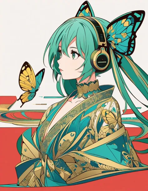 fashionable hatsune miku butterfly with exaggerated poses, sapphire-blue and gold fabric, contrasting green hair, minimalist art...