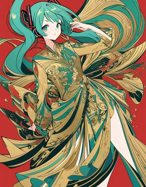 fashionable hatsune miku butterfly with exaggerated poses, sapphire-blue and gold fabric, contrasting green hair, minimalist art...