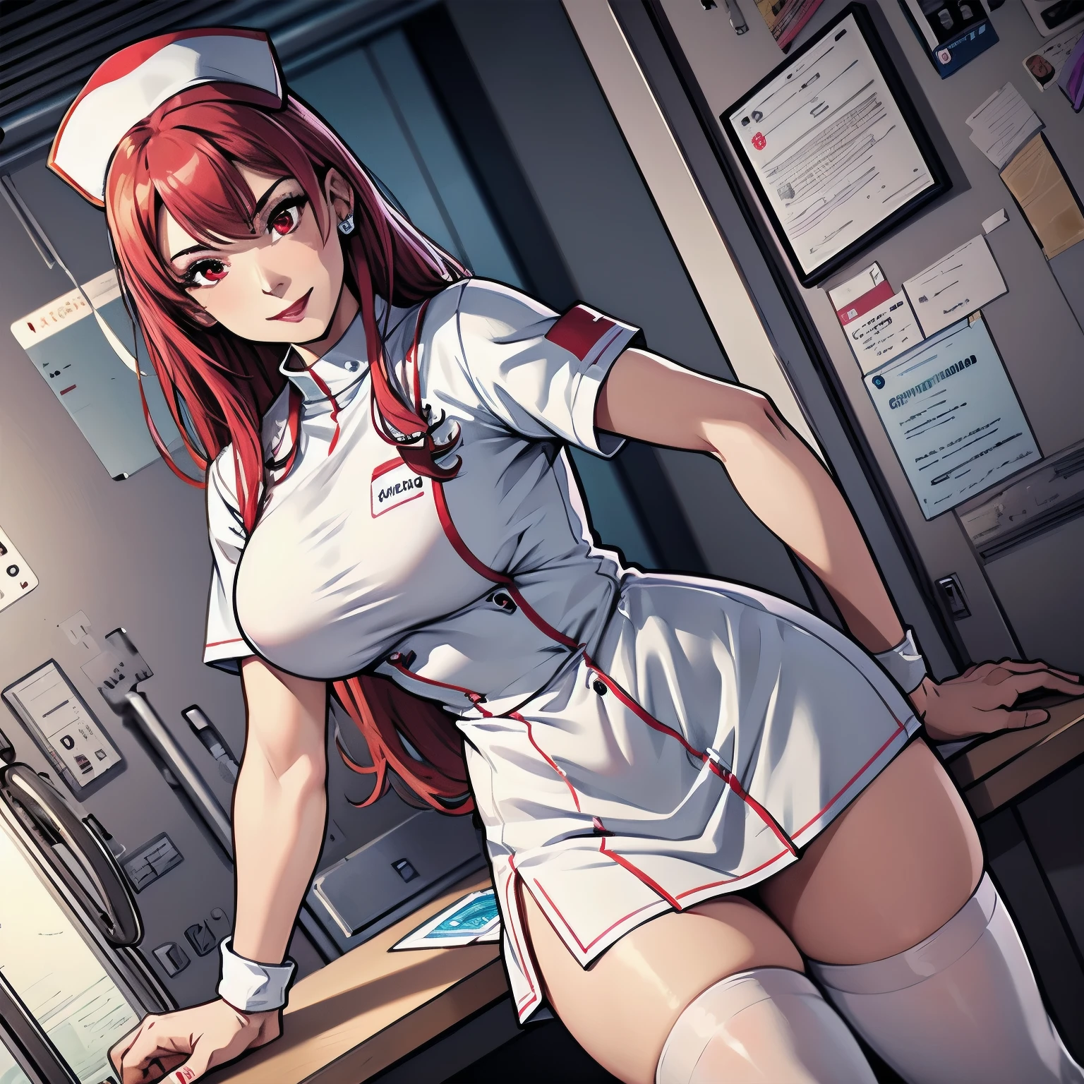 1woman, Nurse, Nurse Cap, wet White ware, ((White leg-wear, zettai ryouiki)), White Gloves, Long hair, red hair, Red eyes, pink lipsticks, Smile, Standing, ((Hospital room)), sharp outline, Short sleeves, a natural female, 35 year old, Best Quality, masterpiece, voluptuous body