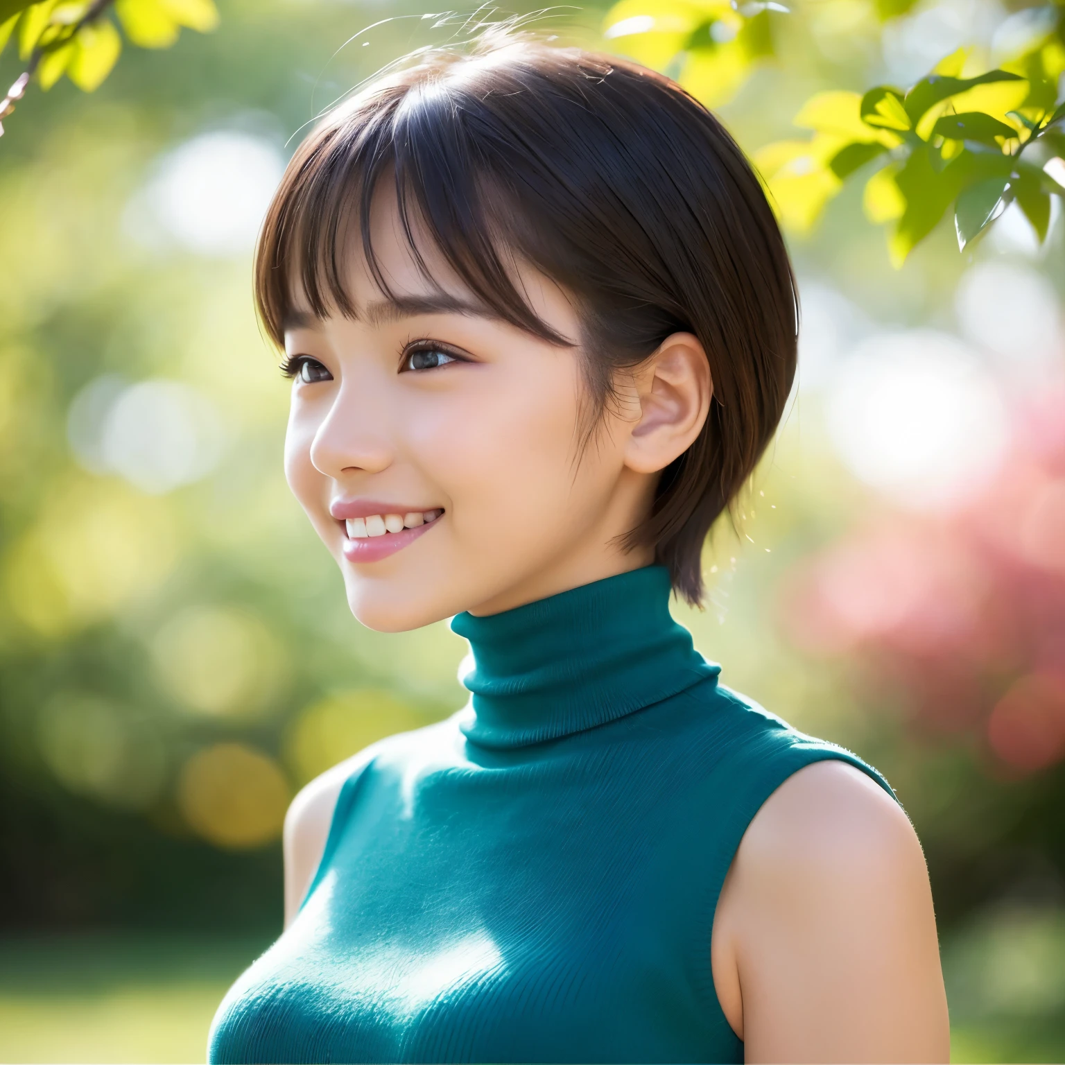 (highest quality、table top、8K、best image quality、Award-winning work)、(10 year old girl:1.)、(Perfect Sleeveless Turtleneck Knit Sweater Dress:1.3)、(short hair:1.1)、(very young girl&#39;s face:1.5)、the best smile looking at me、(super huge breasts:1.5)、Exactly、(photo from the chest up:1.1)、(Photo from the side:1.5)、(Huge lateral breasts:1.1)、(A smile staring at me from the side:1.3)、(emphasize body line:1.2)、low length、(glamorous body:1.2)、(Chubby body type:1.2)、(Beautiful park background with strong blur:1.1)、The most natural and perfect beauty park、A perfectly maintained normal park、stand gracefully、Refreshing scenery、natural makeup、Ultra high definition beauty face、(Super high resolution perfect teeth:1.1)、ultra high definition hair、Super high-definition sparkling eyes、(Super high resolution glossy skin:1.1)、Super high resolution glossy lips、(accurate anatomy:1.1)、(very bright and vivid:1.3)、(Beautiful skin that shines brightly:1.3)