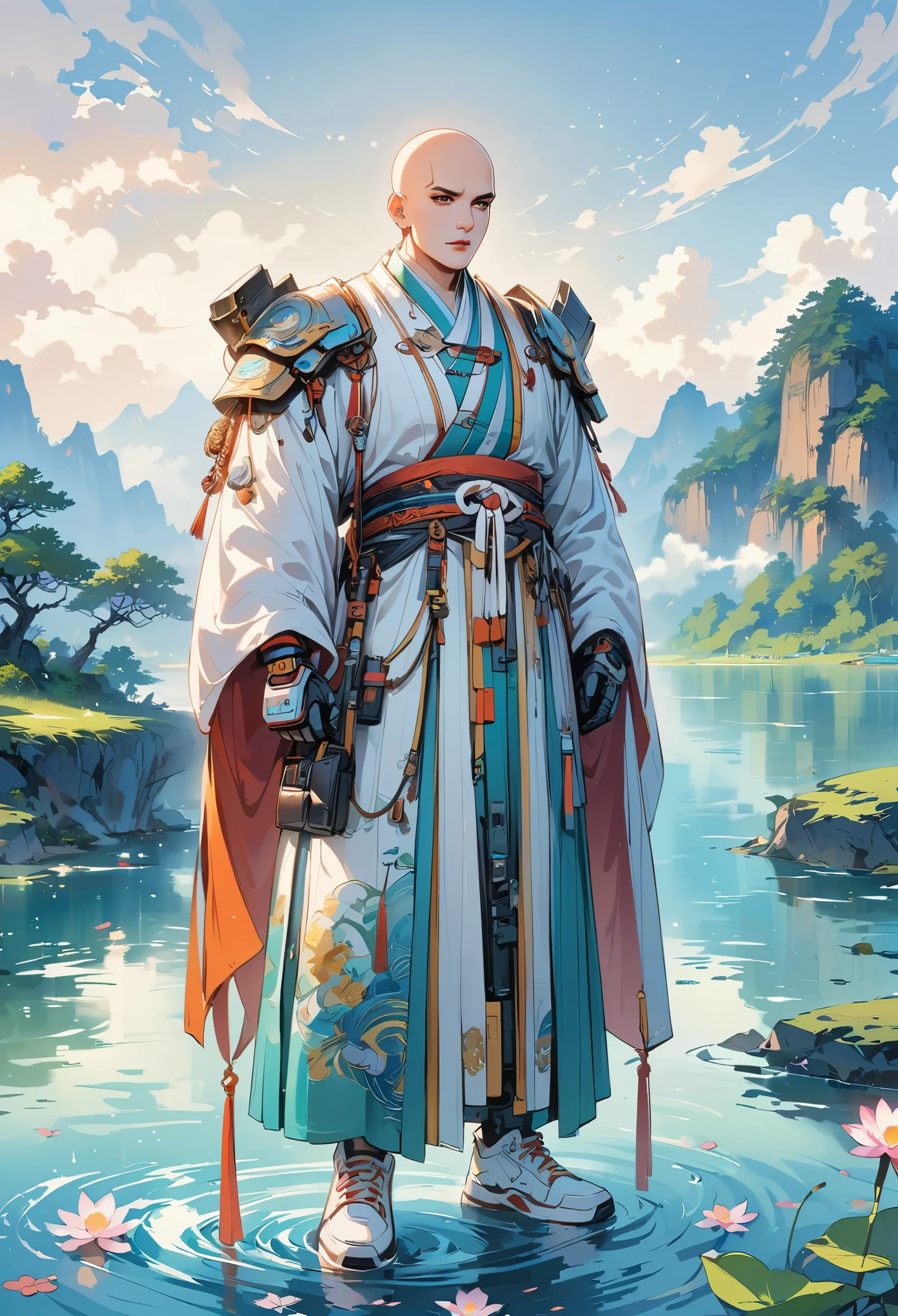 ((imagine))，((whole body))，(bald:1.5)，Chinese monk, Wearing luxurious Hanfu robes，Robot arms and legs，手持电动步枪的cyberpunk僧侣，Standing by the lake，White sockechanical ceramic shoes ，in the style of futuristic，cyberpunk，high detail