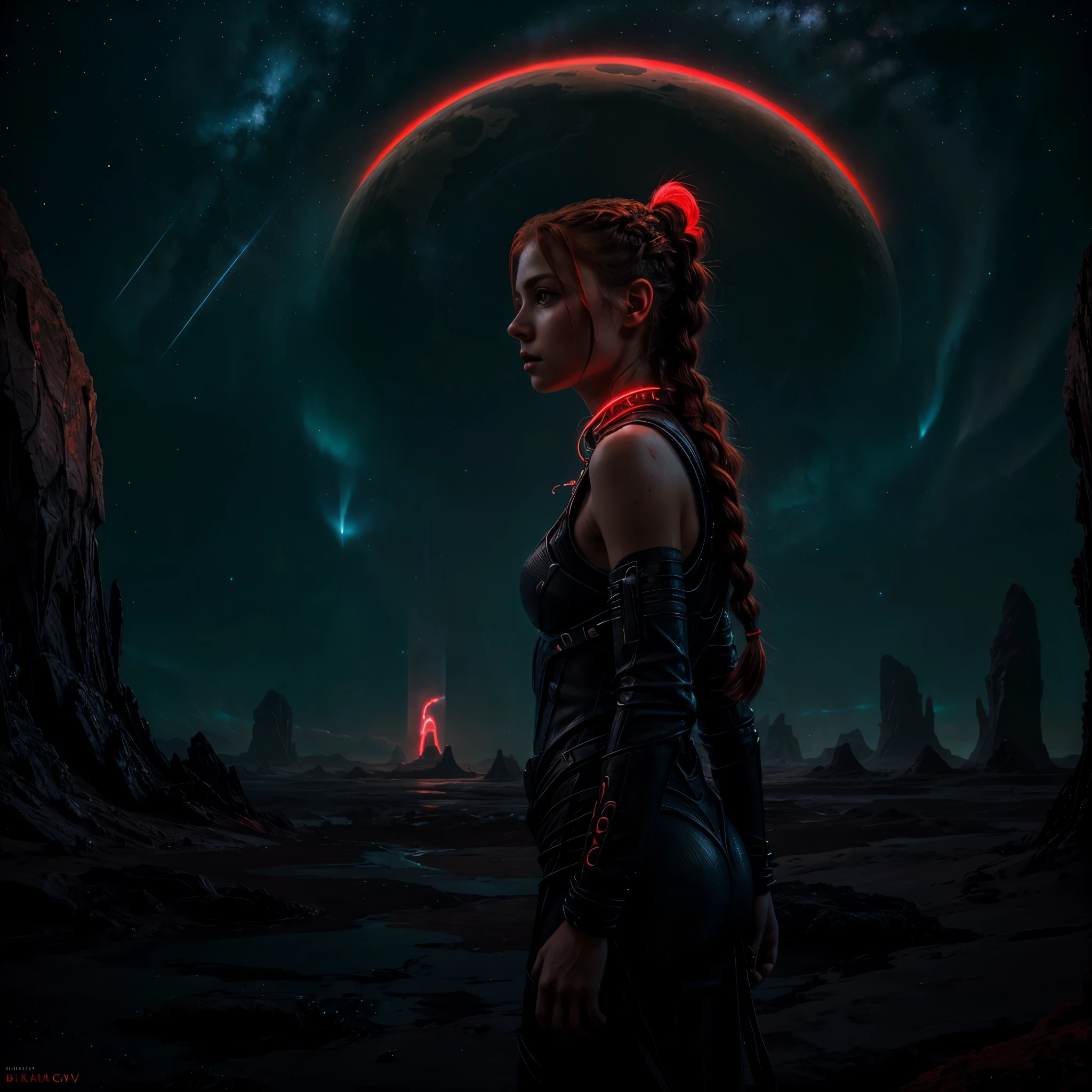 portrait d&#39;une belle fille, debout seul dans l&#39;étendue d&#39;un paysage extraterrestre, sa tresse rouge tombant en cascade sur ses épaules alors qu&#39;elle scrute l&#39;horizon lumineux et bioluminescent,