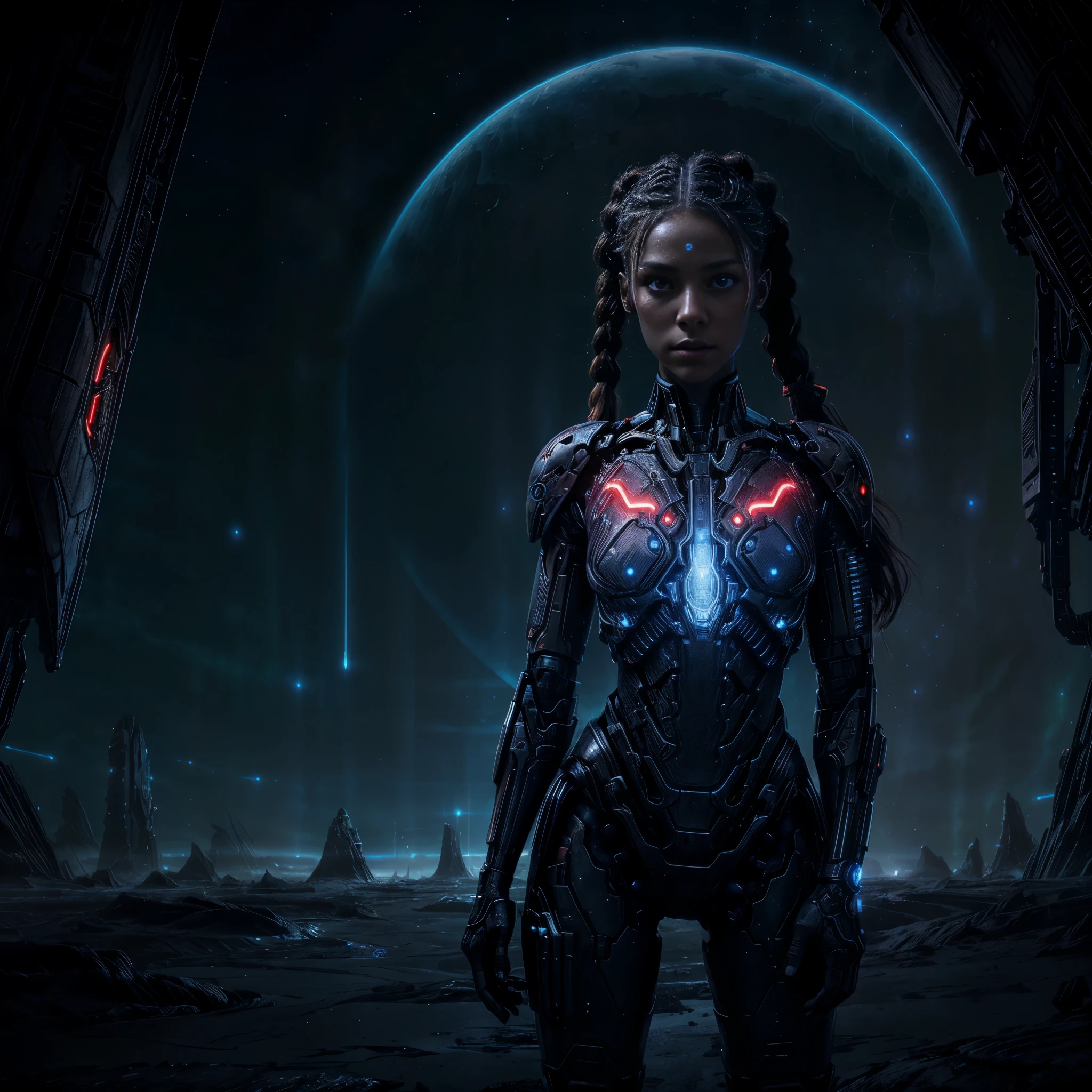 Porträt eines schönen Mädchens, cyborg, allein stehend in der Weite einer fremden Landschaft, ihr roter Zopf fiel ihr über die Schultern, leuchtender und biolumineszierender Horizont, (((perfektes Gesicht))),((perfekte Augen))