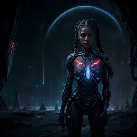 portrait of a beautiful girl, cyborg, standing alone in the expanse of an alien landscape, her red braid cascading over her shou...