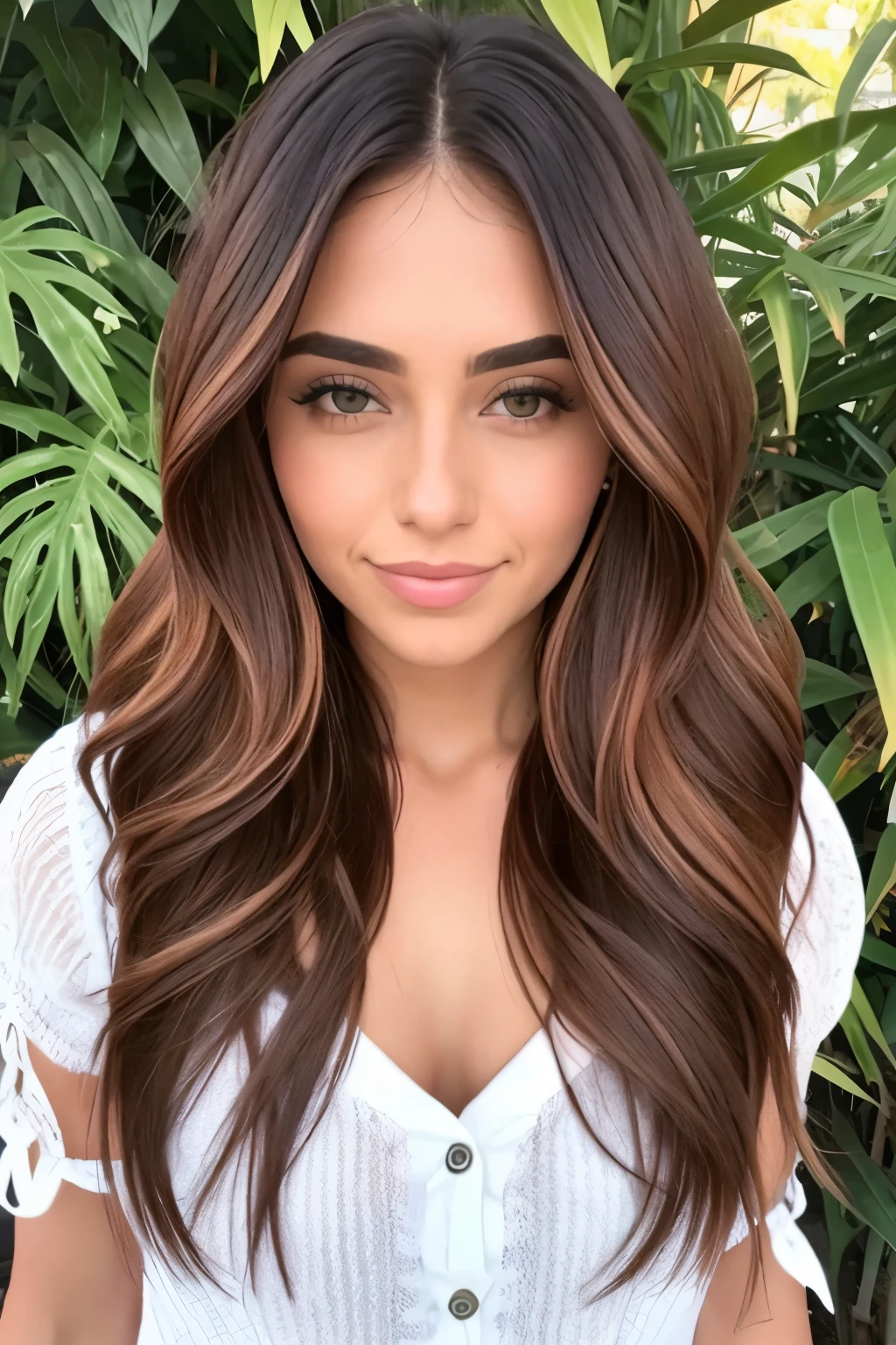 A woman with long brown hair and a white top - SeaArt AI