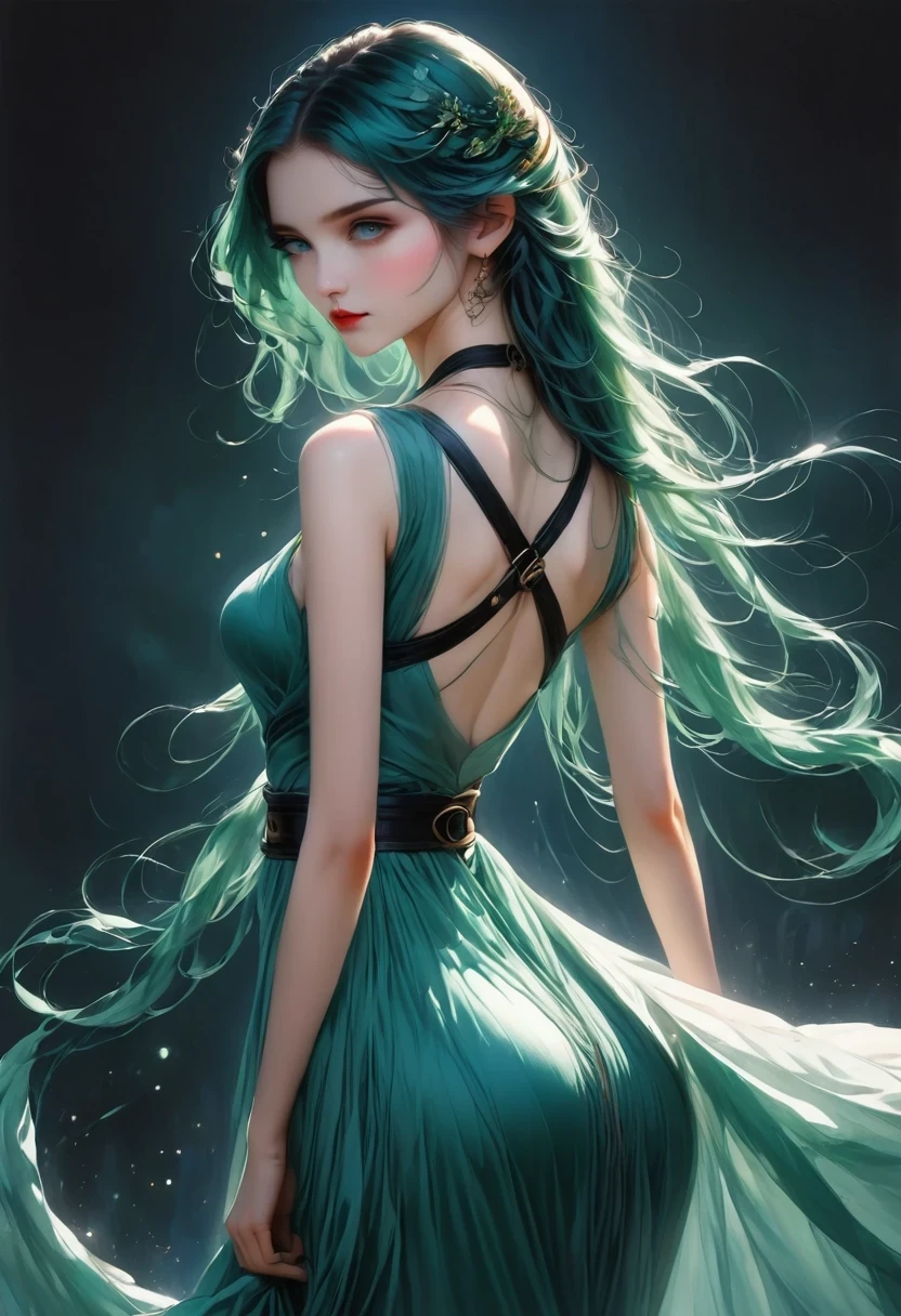 Innocence, dark green hair, Double tail, Put your arms behind your back, white dress, black belt, a girl,blue eyes,