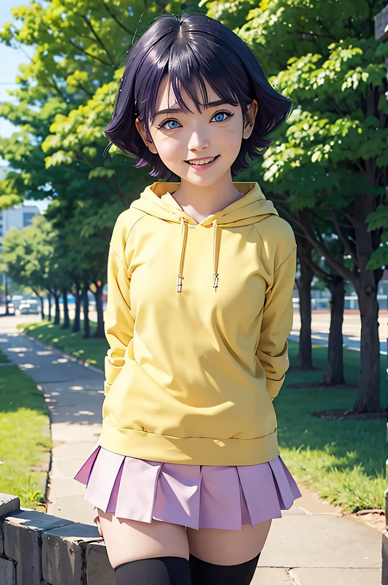 1 Mädchen, Himawari Anime Naruto Shipudden, Kurzes Haar , lila Haare, blaue Augen, Schön, gelbe Kleidung , lächeln, realistisch clothes, detail kleidung, Stadthintergrund, Ultra-Detail, realistisch