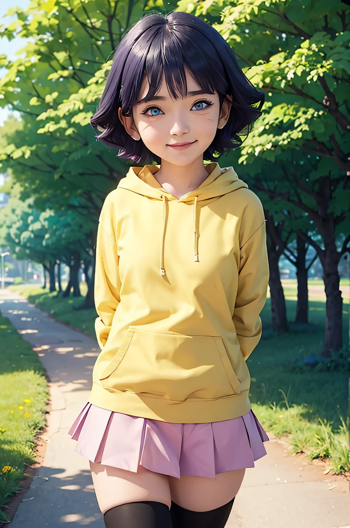 1girl, himawari anime naruto shipudden, short hair , purple hair, blue eyes, beautiful, Yellow clothes , smile, realistic clothes, detail clothes, city background, ultra detail, realistic