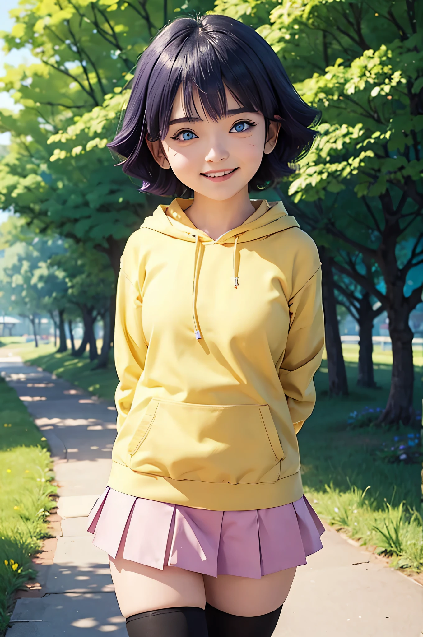 1 garota, Himawari anime naruto shipudden, cabelo curto , Cabelo roxo, olhos azuis, lindo, Roupas amarelas , sorriso, realista clothes, roupas detalhadas, Fundo da cidade, ultra detalhe, realista