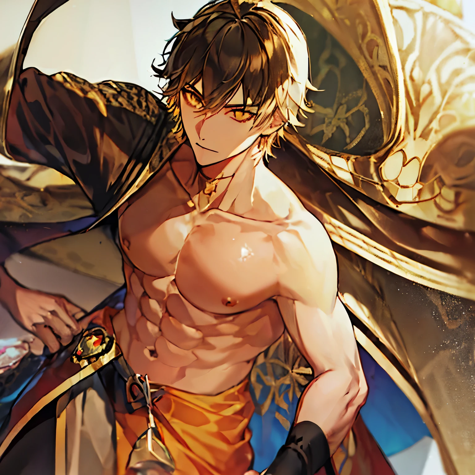 A close up of a man with a sword and a shirtless body - SeaArt AI