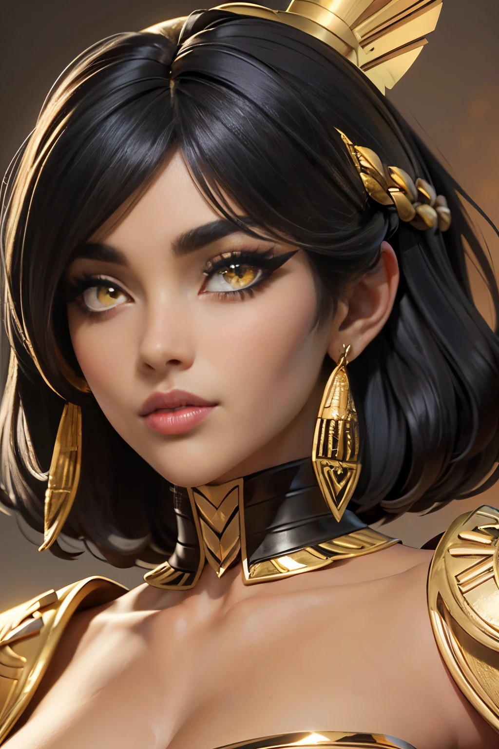 hyper realistic portrait shot of a beautiful egyptian queen, looking down proudly on the camera with her (expressive yellow eyes), tanned skin tone , thin nose, thick kissable parted lips , (black blunt bob hair with braided bangs), golden accessories and jewelries , (thick eyeliner), (eye makeup),