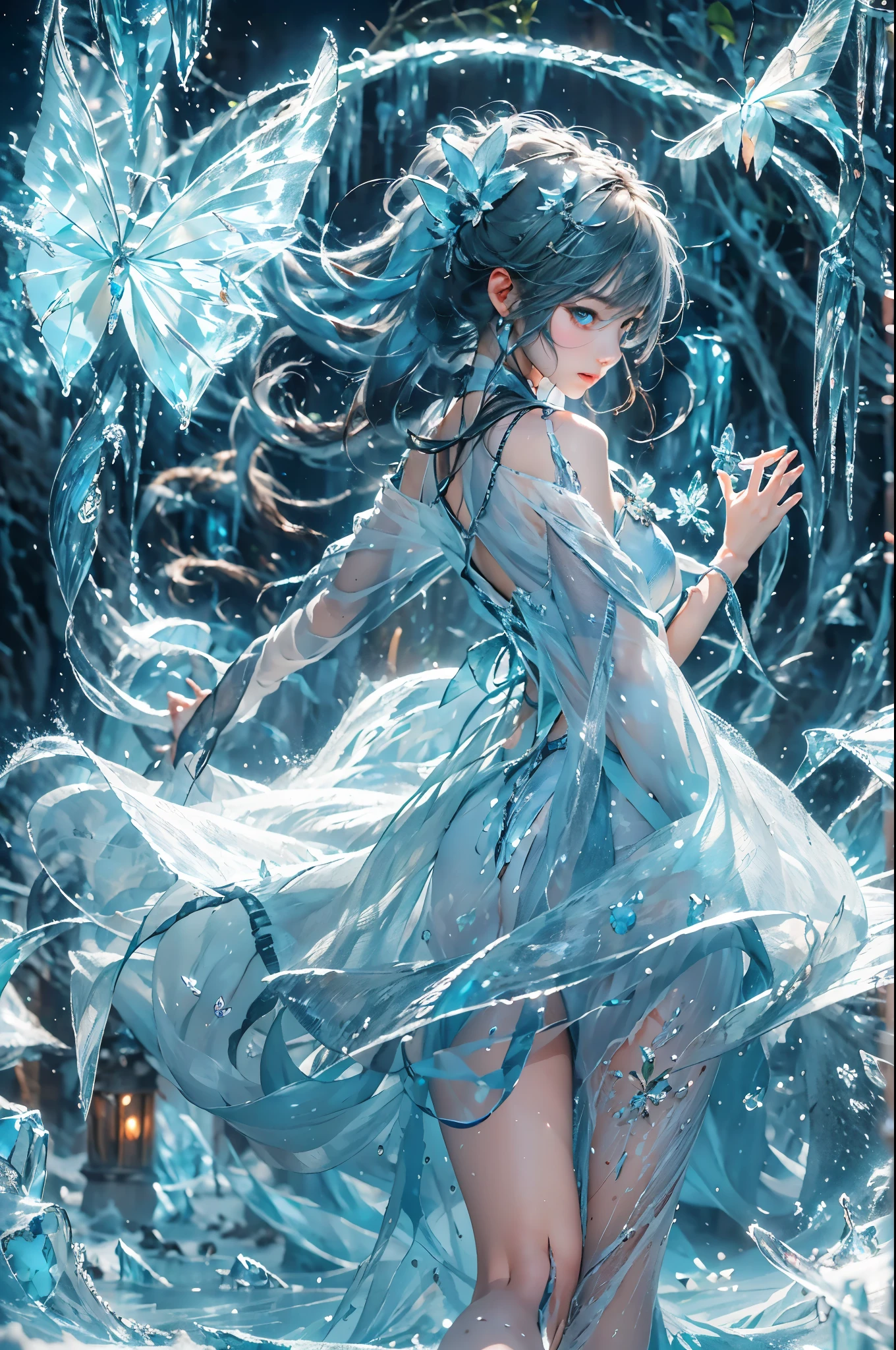 (((1 girl)))，dynamic poses，（skirt made of ice：1.5），（magic circle：1.2），magic circle，blue concentric circles，ice crystals，concentric circles of frost，(((icicle)))，Ice mist，Ice particle effects，（Ice butterfly：1.5），Lots of Ice butterflies，Giant Ice butterfly wings，Amazing results，,best quality,masterpiece,ultra high resolution,detailed，8K resolution,clair obscur，nvidia RTX