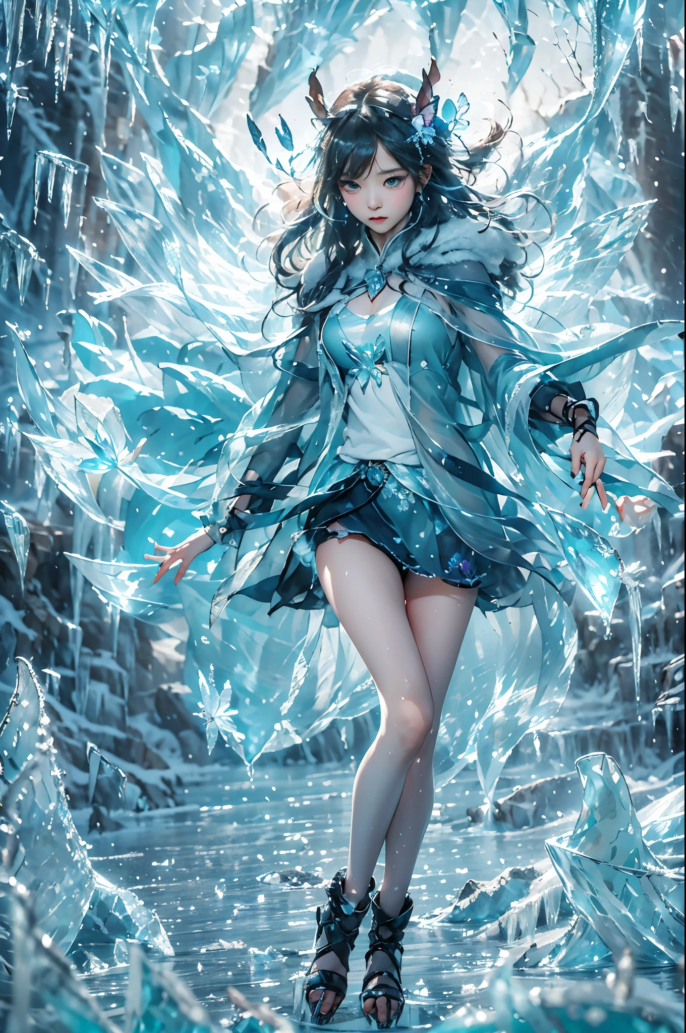 (((1 girl)))，dynamic poses，（skirt made of ice：1.5），（magic circle：1.2），magic circle，blue concentric circles，ice crystals，concentric circles of frost，(((icicle)))，Ice mist，Ice particle effects，（Ice butterfly：1.5），Lots of Ice butterflies，Giant Ice butterfly wings，Amazing results，,best quality,masterpiece,ultra high resolution,detailed，8K resolution,clair obscur，nvidia RTX