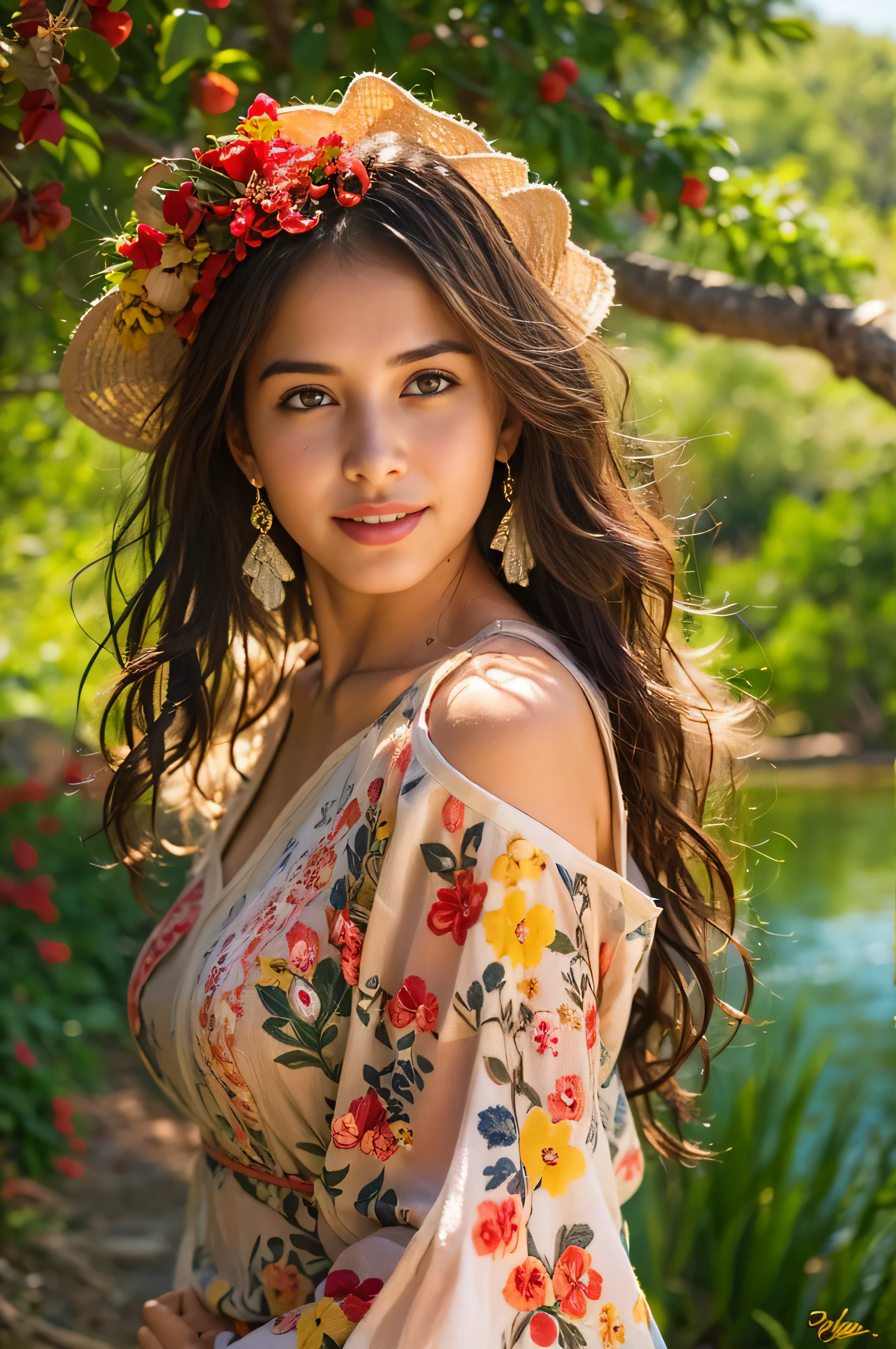 (best quality,realistic:1.2),beautiful Spanish girl,detailed eyes,luscious lips,flowing brunette hair,warm sunlight,captivating smile,vibrant colors,traditional Spanish dress, river and flowers background, floral elements,rich texture,portrait style,soft and natural lighting, (NSFW:1.3)