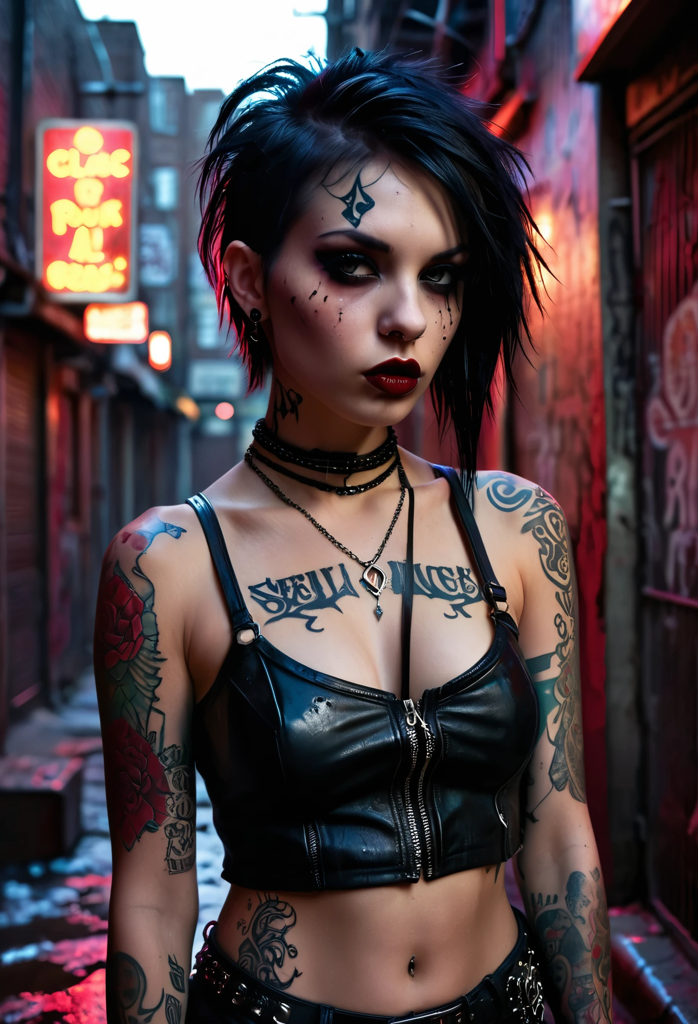 In a dimly lit, grungy alleyway, a gothic-punk girl, adorned in ripped leather and piercings, glares menacingly as she sips from a vial of dark, blood-red liquid. The shadows dance upon her intricately tattooed skin, her piercing gaze punctuated by the flickering light from a neon sign. Clash between the harsh reality of the urban setting and the ethereal and dark beauty of the girl, as she stands guard against all who dare to cross her path.