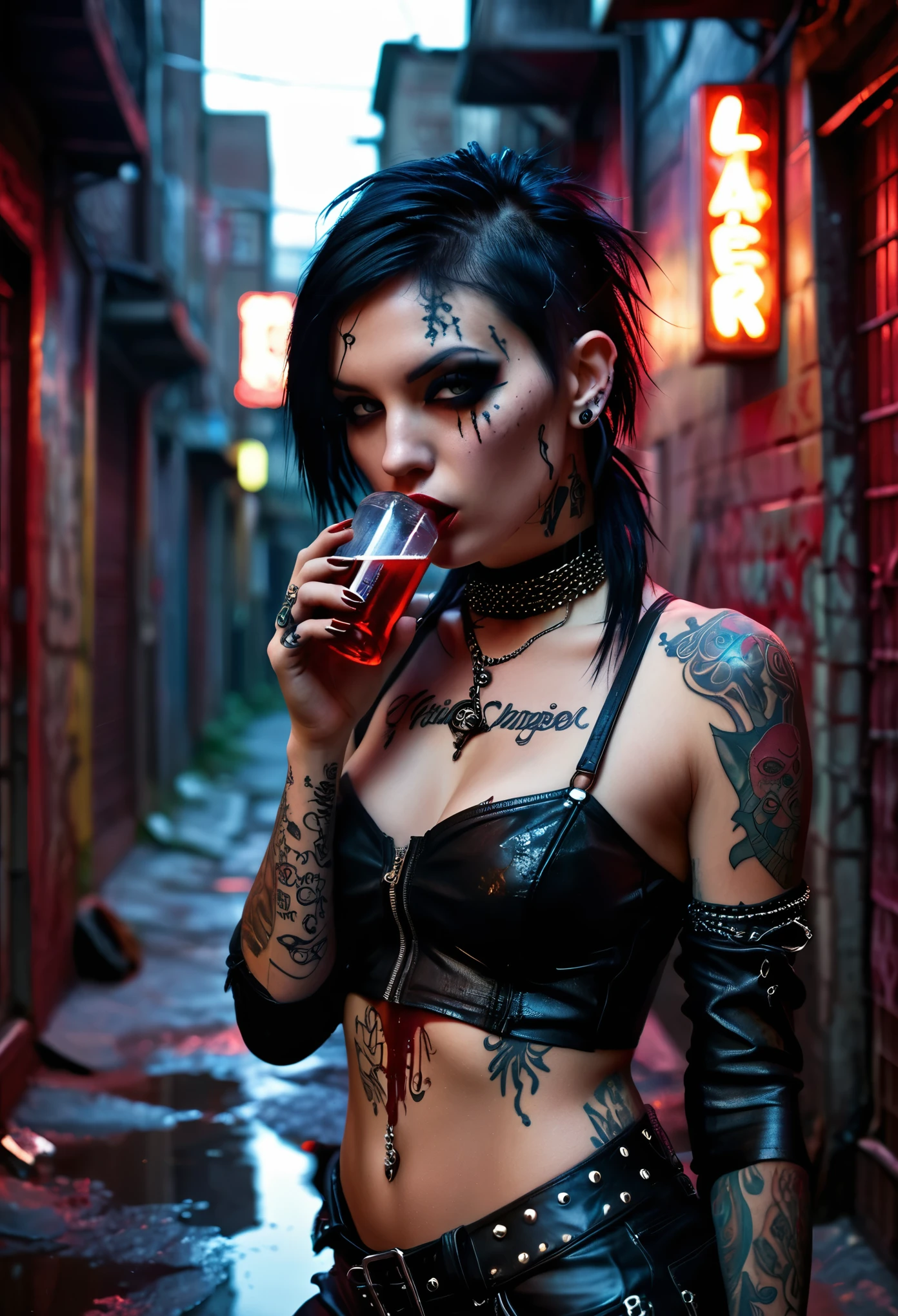 In a dimly lit, grungy alleyway, a gothic-punk girl, adorned in ripped leather and piercings, glares menacingly as she sips from a vial of dark, blood-red liquid. The shadows dance upon her intricately tattooed skin, her piercing gaze punctuated by the flickering light from a neon sign. Clash between the harsh reality of the urban setting and the ethereal and dark beauty of the girl, as she stands guard against all who dare to cross her path.