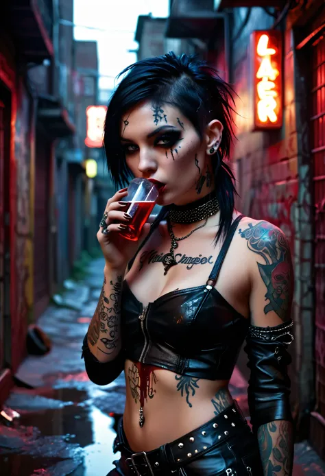 In a dimly lit, grungy alleyway, a gothic-punk girl, adorned in ripped leather and piercings, glares menacingly as she sips from...