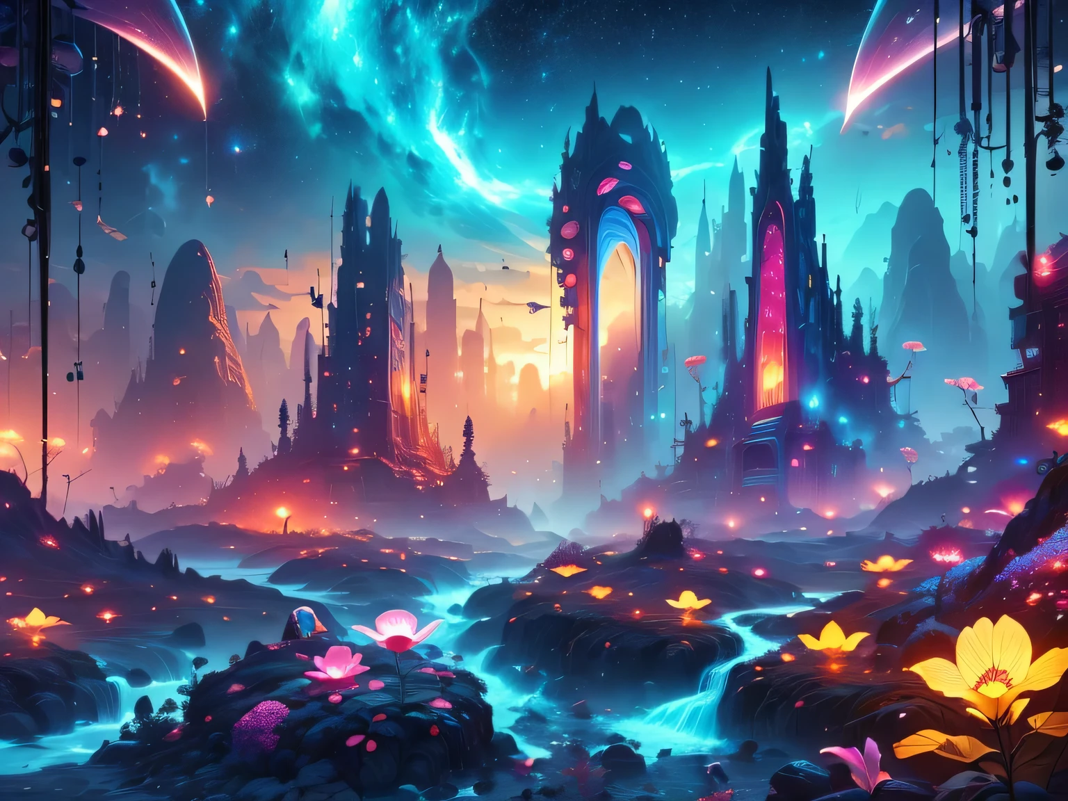 A surreal alien landscape,interstellar travel，Magnificent starry sky，beautiful all around、Vibrant、Colorful。The screen shows strange alien flowers of various shapes and sizes.，and a rich variety of delicious alien fruits。highest image quality，Resolution is 4k or 8k，Capture every detail perfectly。The picture is extremely detailed，Presented in a realistic way，Bringing a truly immersive experience。This work combines illustration techniques and 3D rendering，Created a visually stunning、Works of great skill。Bright colors，Enhances the surreal feel of the landscape。The lighting design is very detailed，Demonstrates complex changes in light and shadow，Adds layer and depth to the scene。The work evokes curiosity and awe in the viewer，Taking the audience into a magical and surreal realm，Where the beauty of nature takes on a whole new meaning。