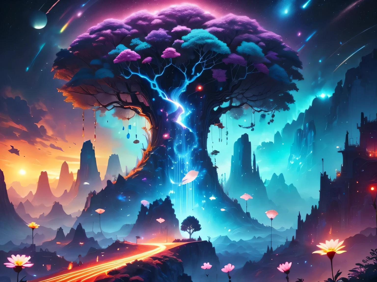 A surreal alien landscape,interstellar travel，Magnificent starry sky，beautiful all around、Vibrant、Colorful。The screen shows strange alien flowers of various shapes and sizes.，and a rich variety of delicious alien fruits。highest image quality，Resolution is 4k or 8k，Capture every detail perfectly。The picture is extremely detailed，Presented in a realistic way，Bringing a truly immersive experience。This work combines illustration techniques and 3D rendering，Created a visually stunning、Works of great skill。Bright colors，Enhances the surreal feel of the landscape。The lighting design is very detailed，Demonstrates complex changes in light and shadow，Adds layer and depth to the scene。The work evokes curiosity and awe in the viewer，Taking the audience into a magical and surreal realm，Where the beauty of nature takes on a whole new meaning。