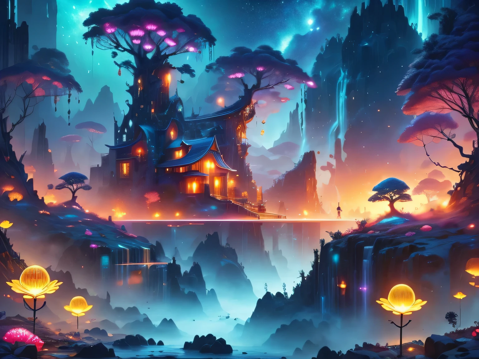 A surreal alien landscape,interstellar travel，Magnificent starry sky，beautiful all around、Vibrant、Colorful。The screen shows strange alien flowers of various shapes and sizes.，and a rich variety of delicious alien fruits。highest image quality，Resolution is 4k or 8k，Capture every detail perfectly。The picture is extremely detailed，Presented in a realistic way，Bringing a truly immersive experience。This work combines illustration techniques and 3D rendering，Created a visually stunning、Works of great skill。Bright colors，Enhances the surreal feel of the landscape。The lighting design is very detailed，Demonstrates complex changes in light and shadow，Adds layer and depth to the scene。The work evokes curiosity and awe in the viewer，Taking the audience into a magical and surreal realm，Where the beauty of nature takes on a whole new meaning。