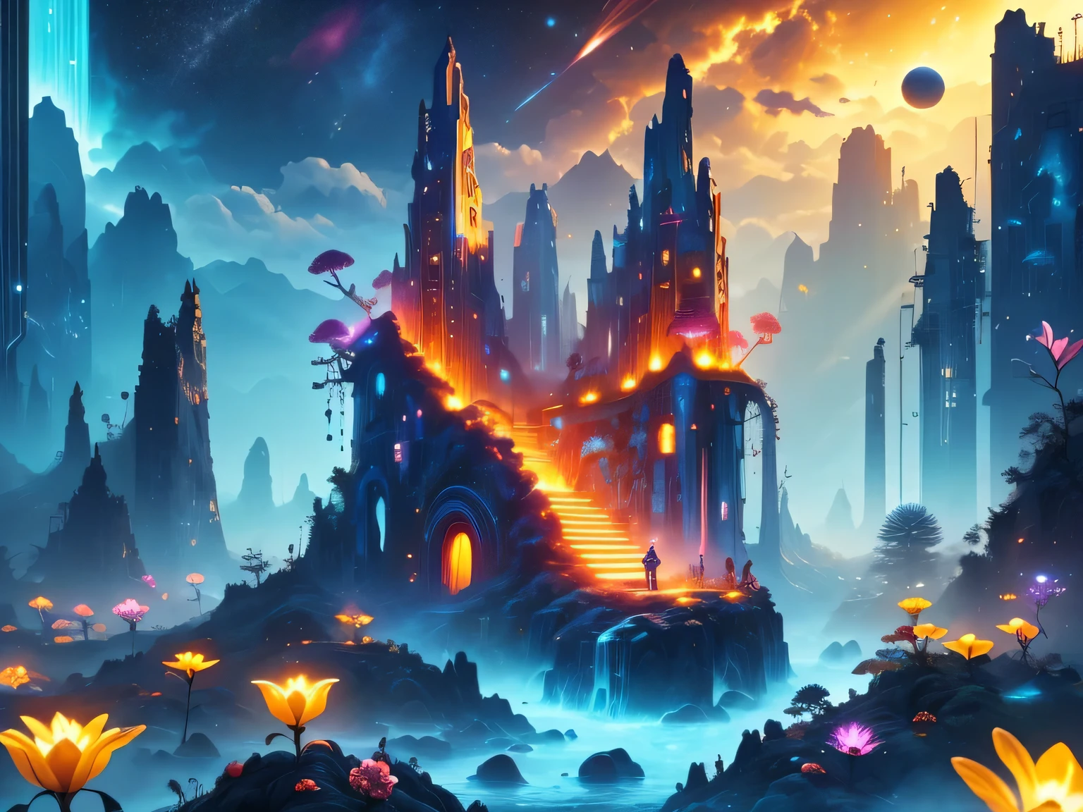 A surreal alien landscape,interstellar travel，Magnificent starry sky，beautiful all around、Vibrant、Colorful。The screen shows strange alien flowers of various shapes and sizes.，and a rich variety of delicious alien fruits。highest image quality，Resolution is 4k or 8k，Capture every detail perfectly。The picture is extremely detailed，Presented in a realistic way，Bringing a truly immersive experience。This work combines illustration techniques and 3D rendering，Created a visually stunning、Works of great skill。Bright colors，Enhances the surreal feel of the landscape。The lighting design is very detailed，Demonstrates complex changes in light and shadow，Adds layer and depth to the scene。The work evokes curiosity and awe in the viewer，Taking the audience into a magical and surreal realm，Where the beauty of nature takes on a whole new meaning。